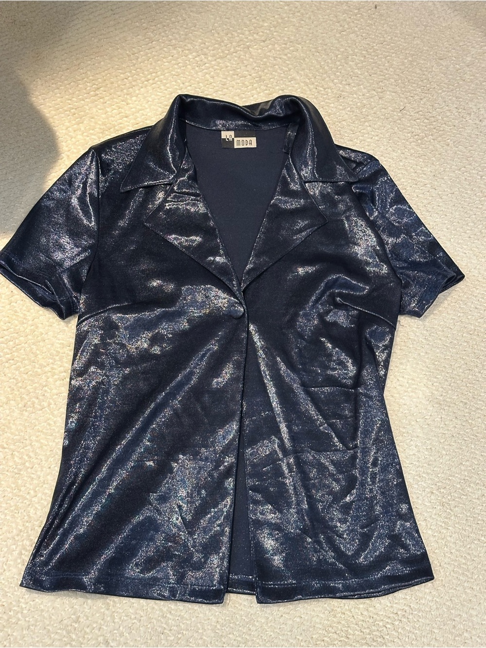 Vintage 90s Navy Shimmer Collared Short-Sleeve Blouse